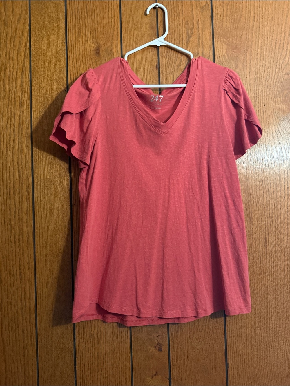Maurices Coral Pink V-Neck Short Sleeve Top with Flutter Sleeves